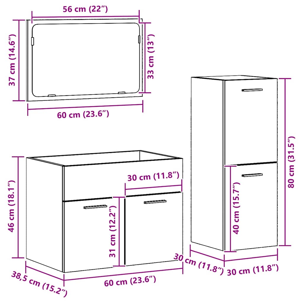 Badezimmermöbel Set mit Tür 3 pcs Altholz 60 x 38.5 x 46 cm