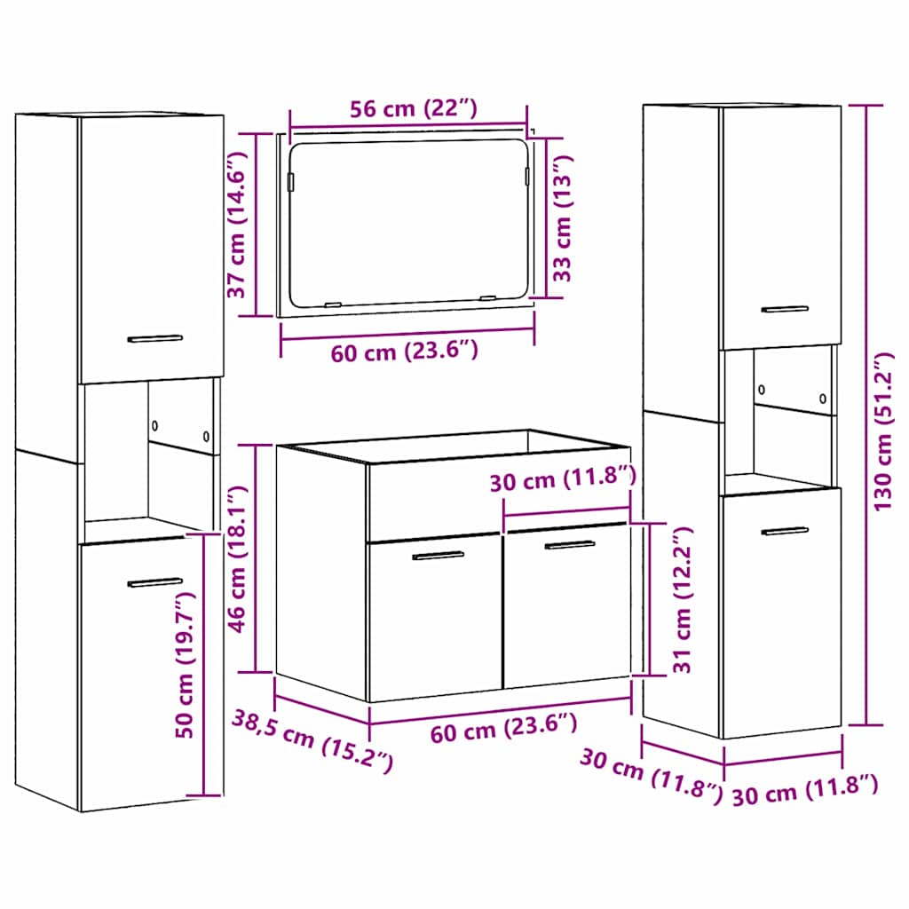 Badezimmer Möbel Set mit Tür 4 pcs Altholz 60 x 38.5 x 46 cm