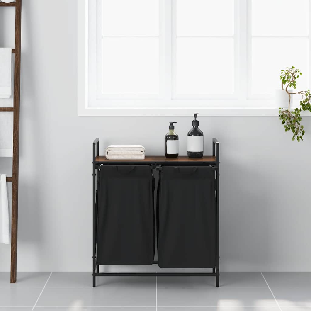 Laundry basket 2 compartments with shelf brown oak look