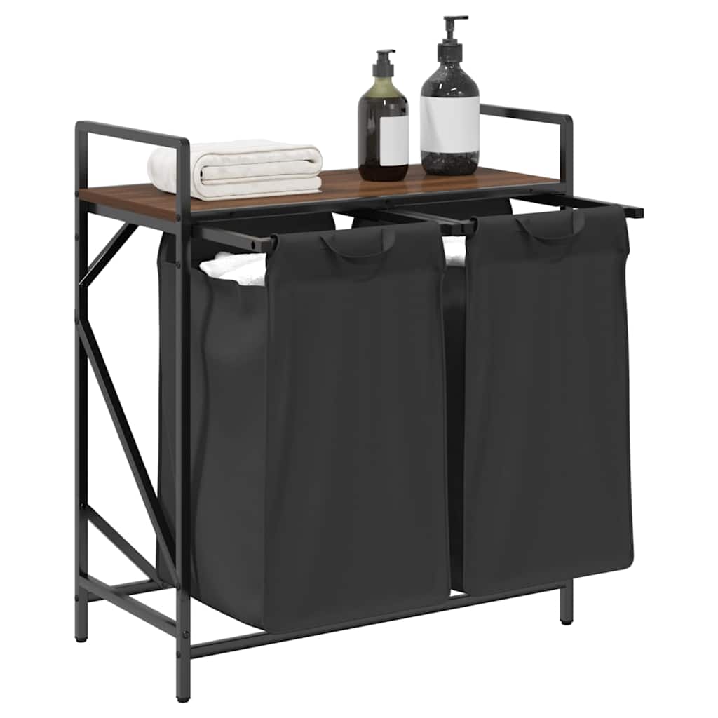 Laundry basket 2 compartments with shelf brown oak look
