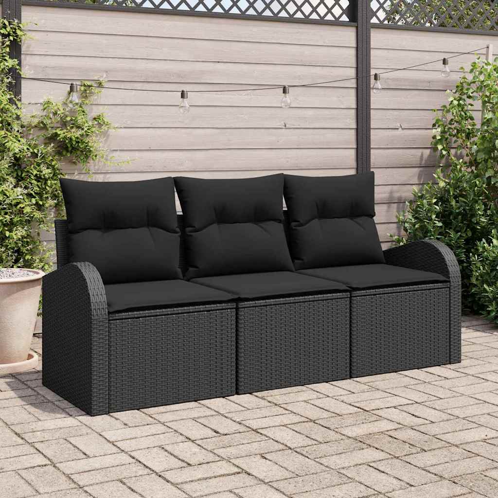 3-piece garden sofa set with cushions black poly rattan