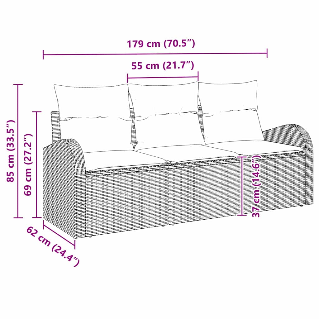 3-piece garden sofa set with cushions black poly rattan