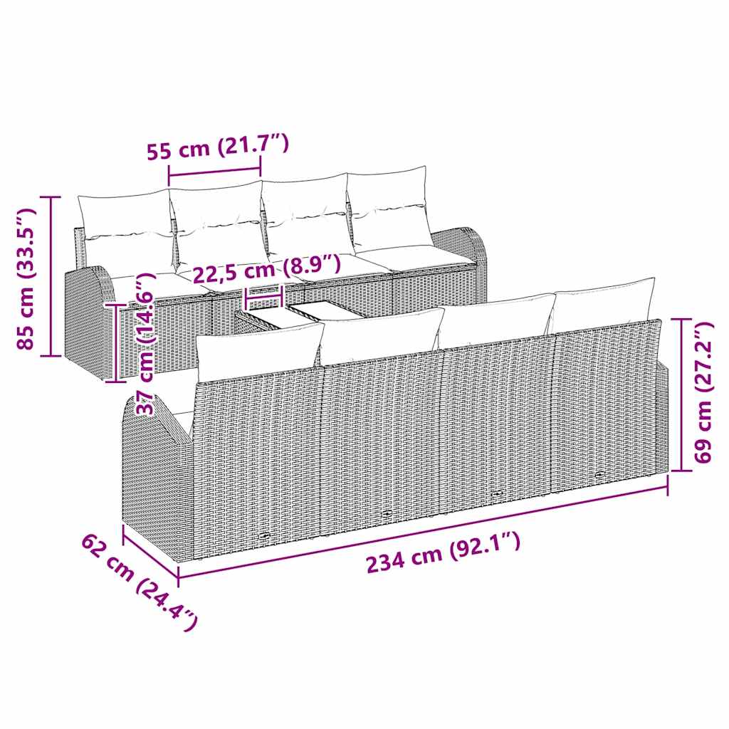 Garten-Sofa-Set 7 pcs Schwarz 55 x 55 x 37 cm Poly-Rattan