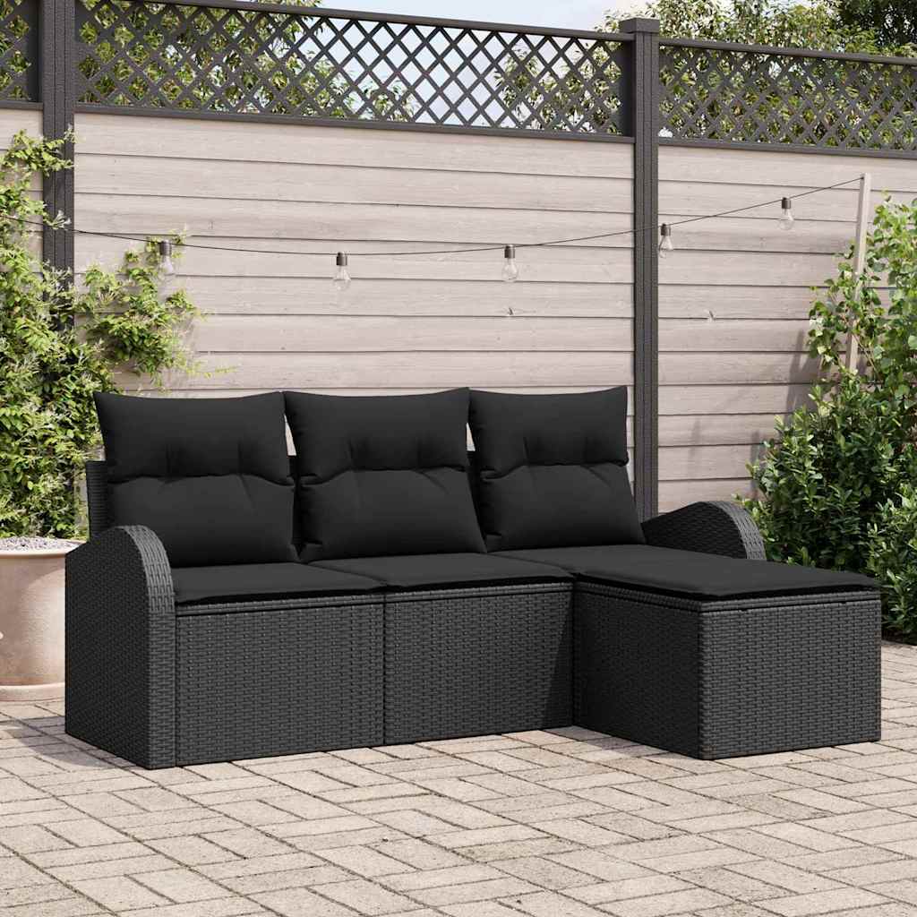 4-piece garden sofa set with cushions black poly rattan