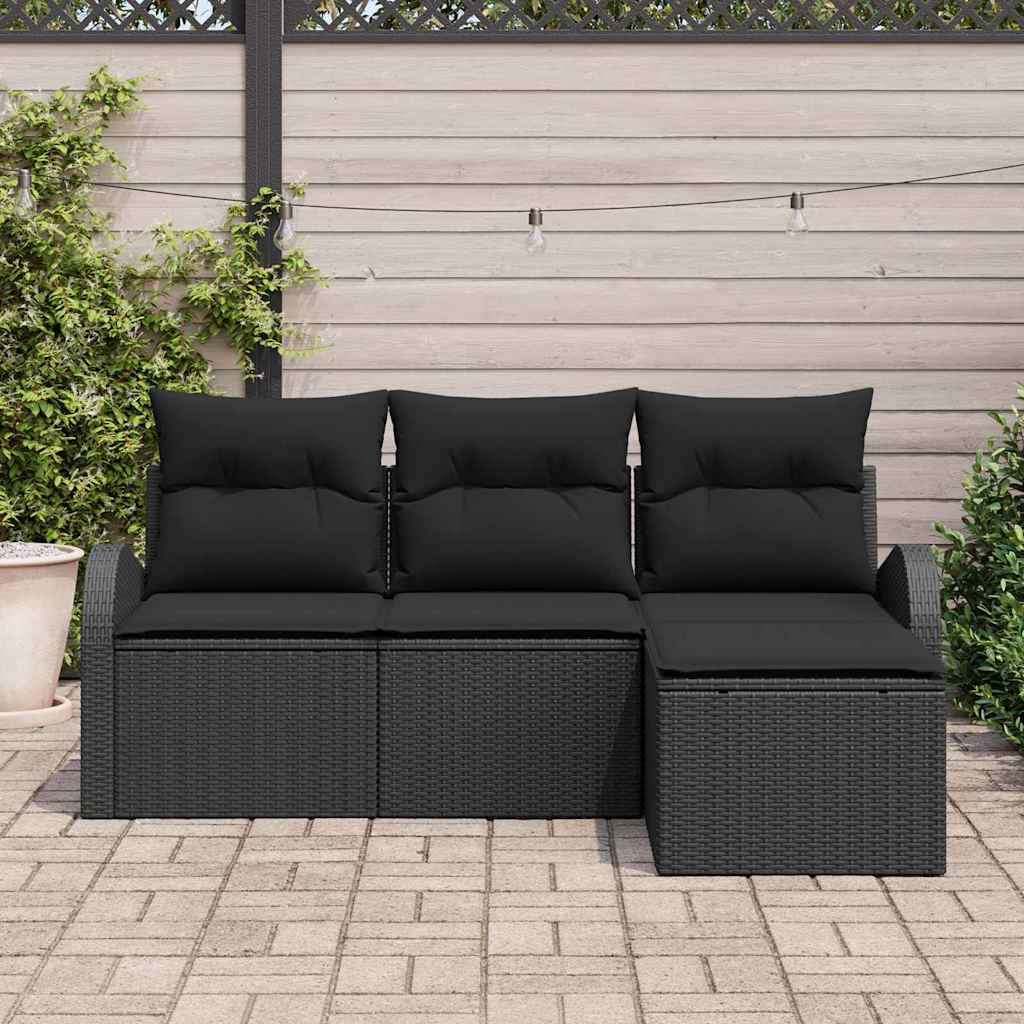 Garten-Sofa-Set mit Kissen 4 pcs Schwarz Poly Rattan