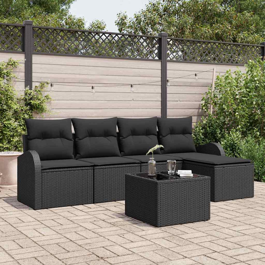 6-piece garden sofa set with cushions, black poly rattan