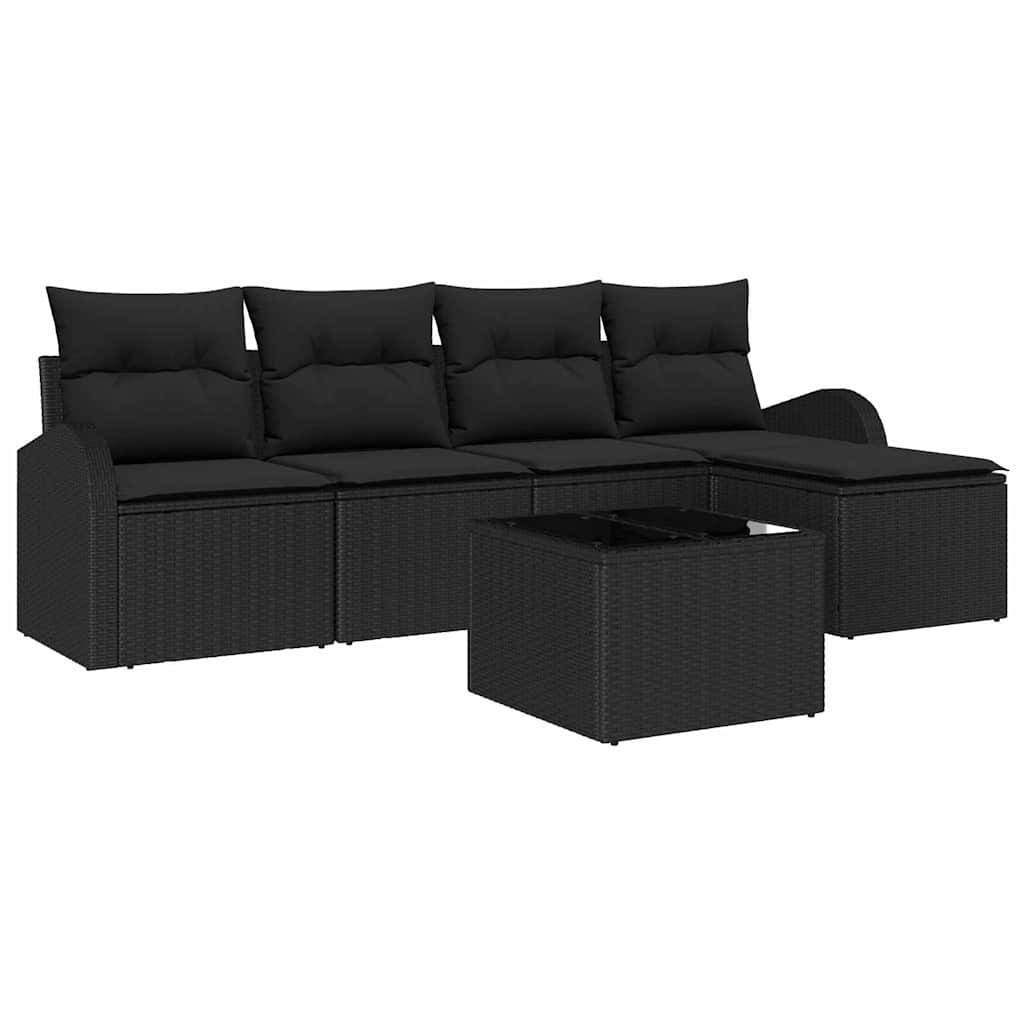 6-piece garden sofa set with cushions, black poly rattan