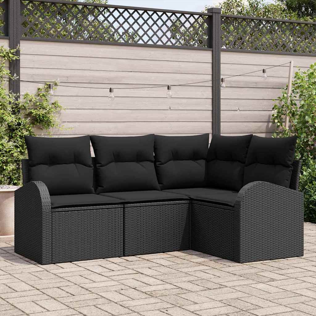 4-piece garden sofa set with cushions, black poly rattan