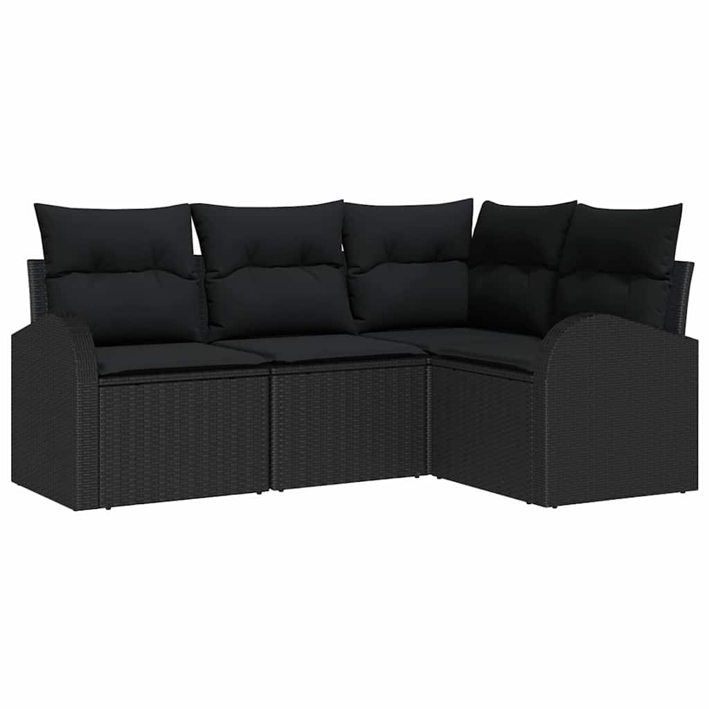 4-piece garden sofa set with cushions, black poly rattan