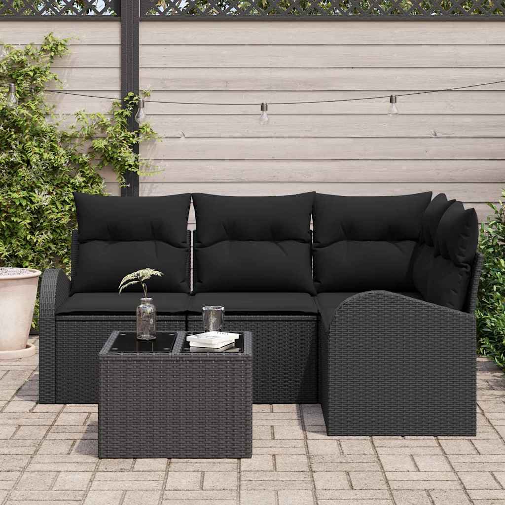 Garten-Sofa-Set mit Kissen 5 pcs Schwarz Poly Rattan