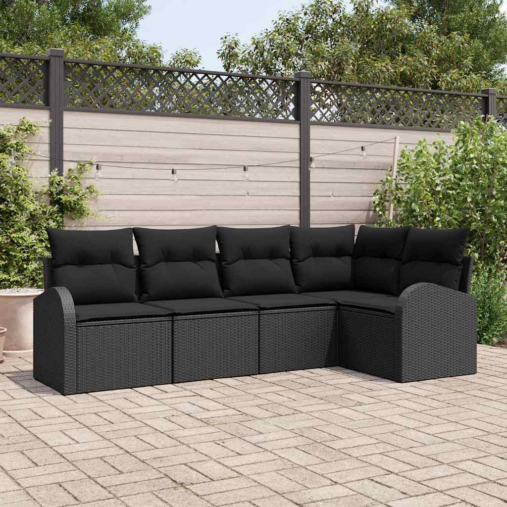 5-piece garden sofa set with cushions black poly rattan