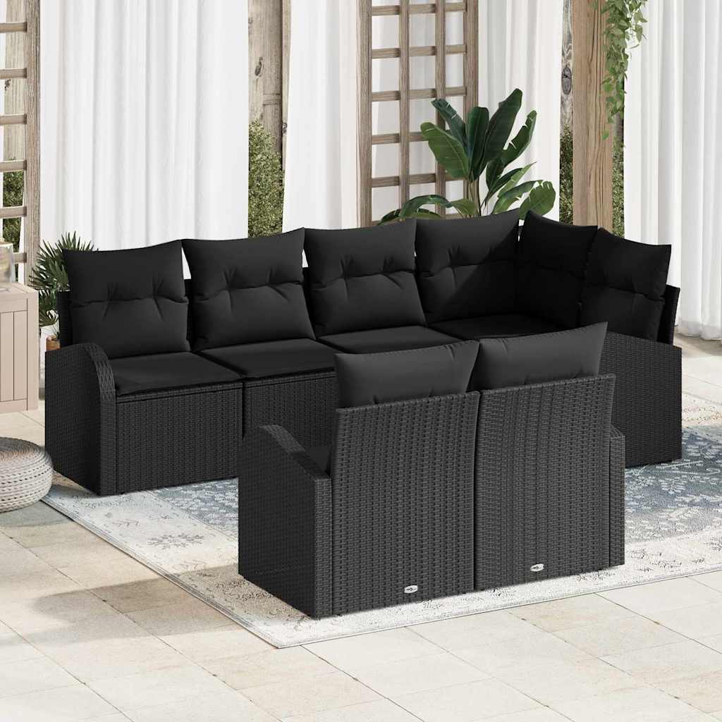 7-piece garden sofa set with cushions black poly rattan