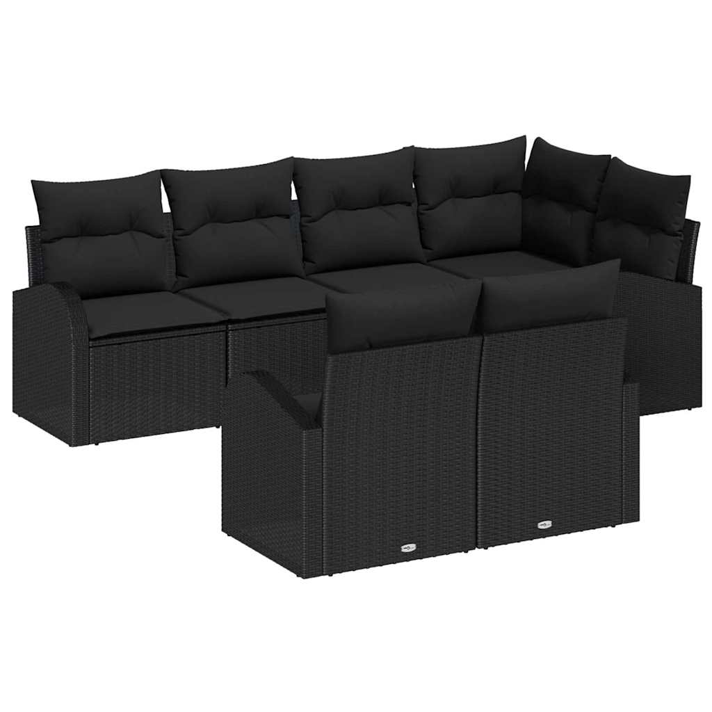 7-piece garden sofa set with cushions black poly rattan