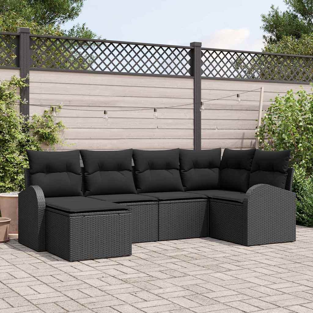 6-piece garden sofa set with cushions black poly rattan