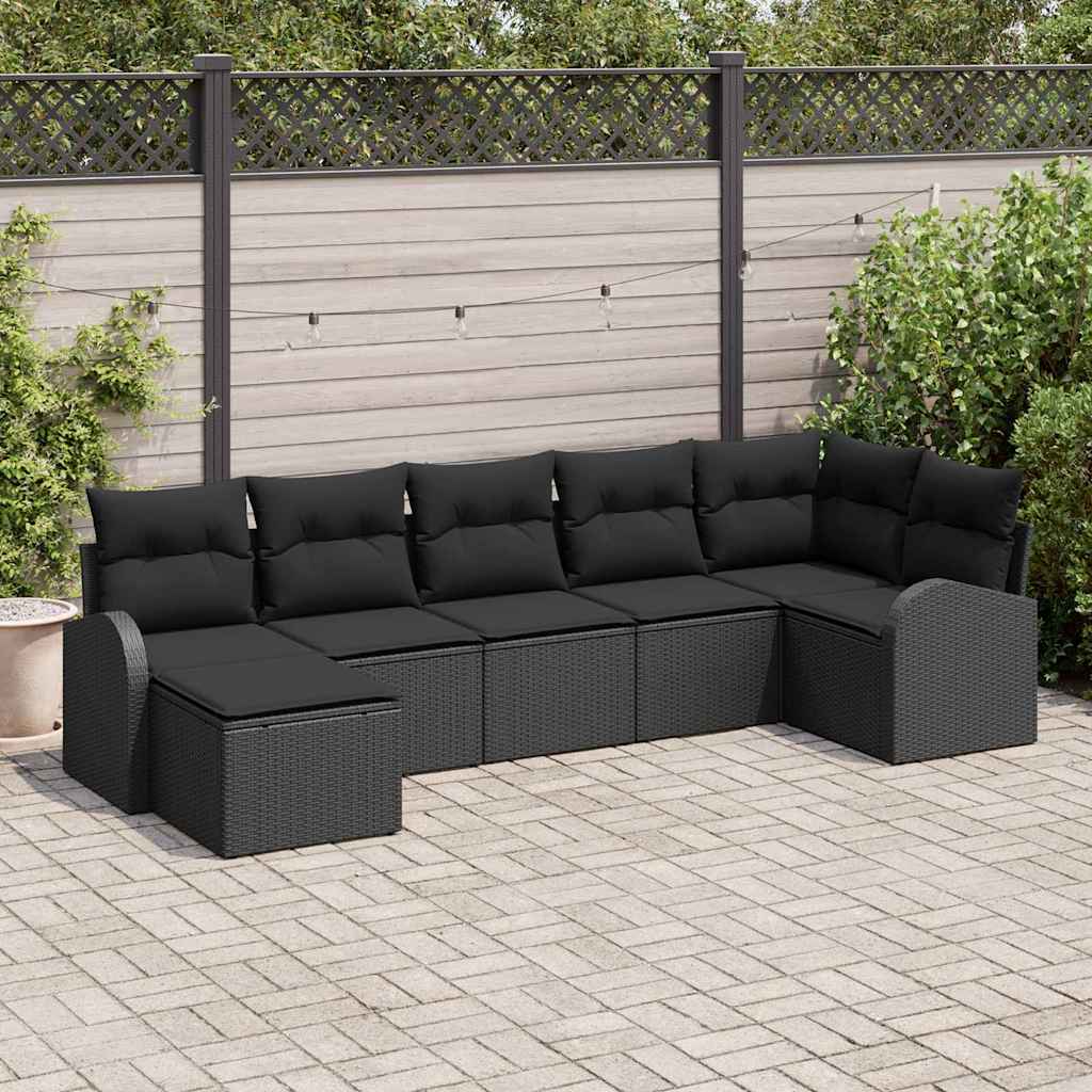 7-piece garden sofa set with cushions black poly rattan