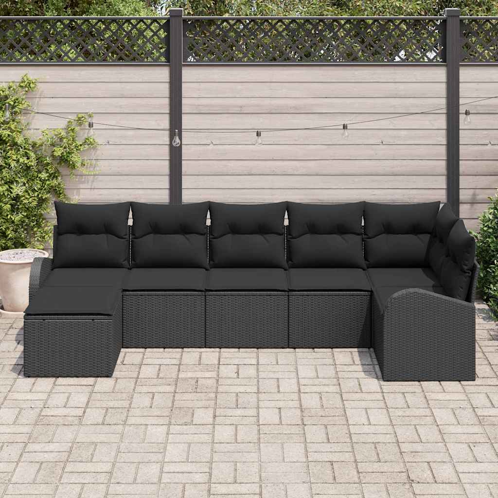 7-piece garden sofa set with cushions black poly rattan