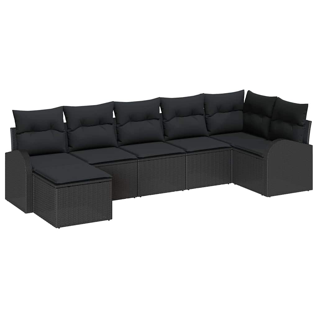 7-piece garden sofa set with cushions black poly rattan