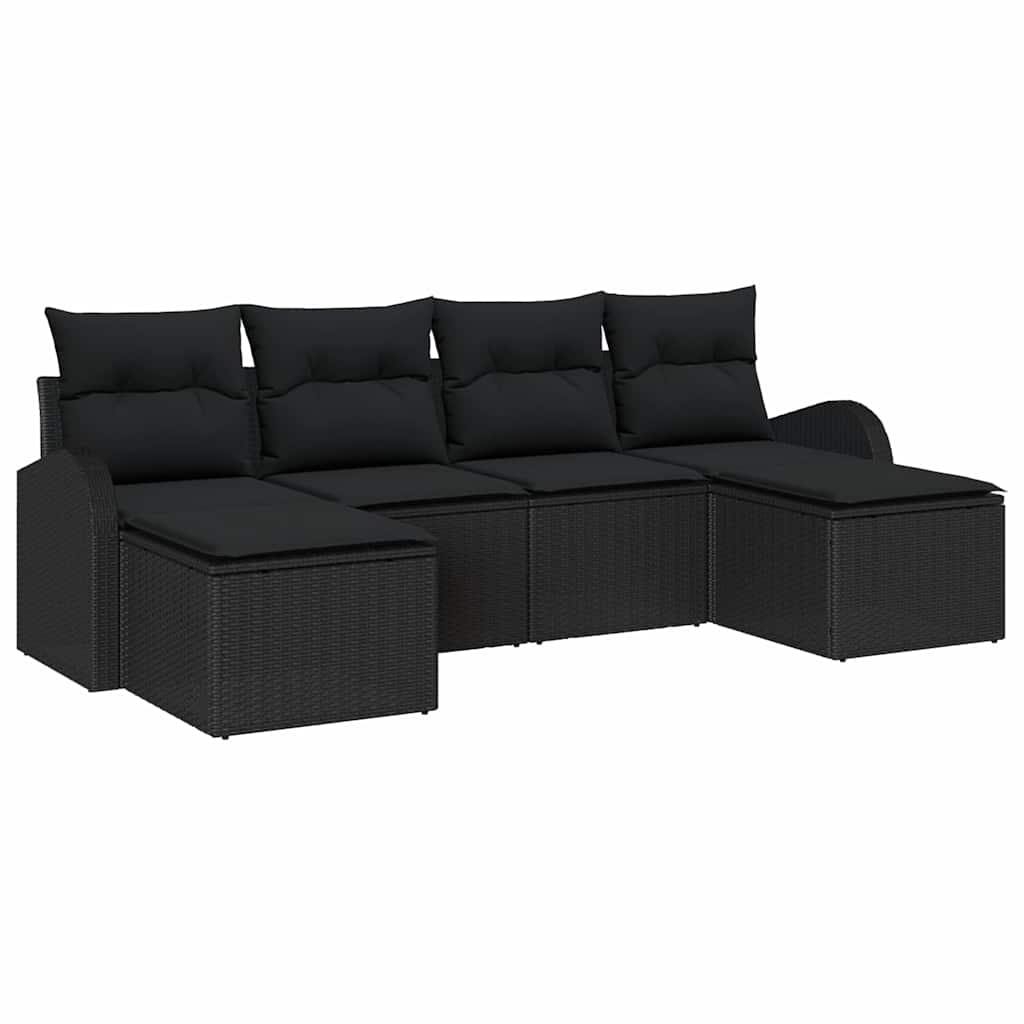 6-piece garden sofa set with cushions black poly rattan