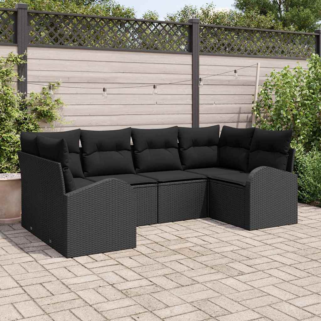6-piece garden sofa set with cushions black poly rattan