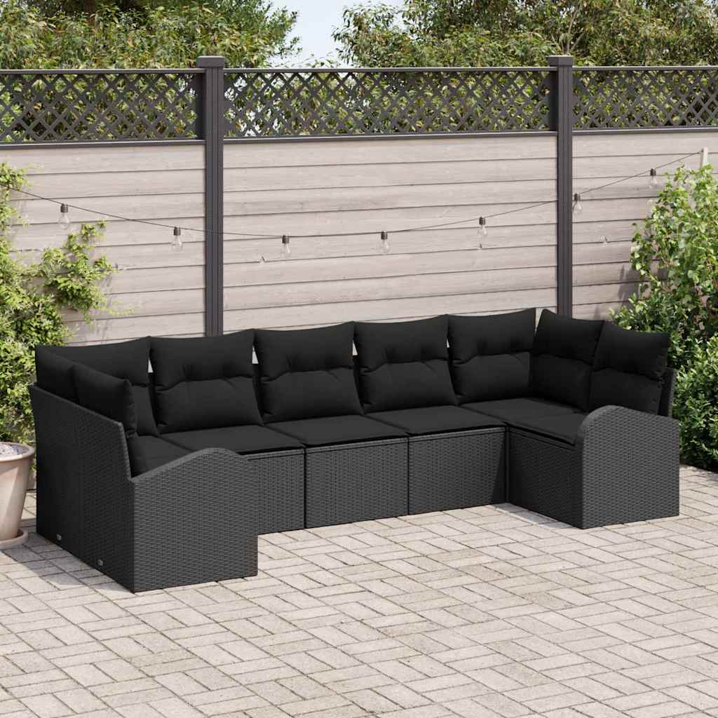 7-piece garden sofa set with cushions black poly rattan