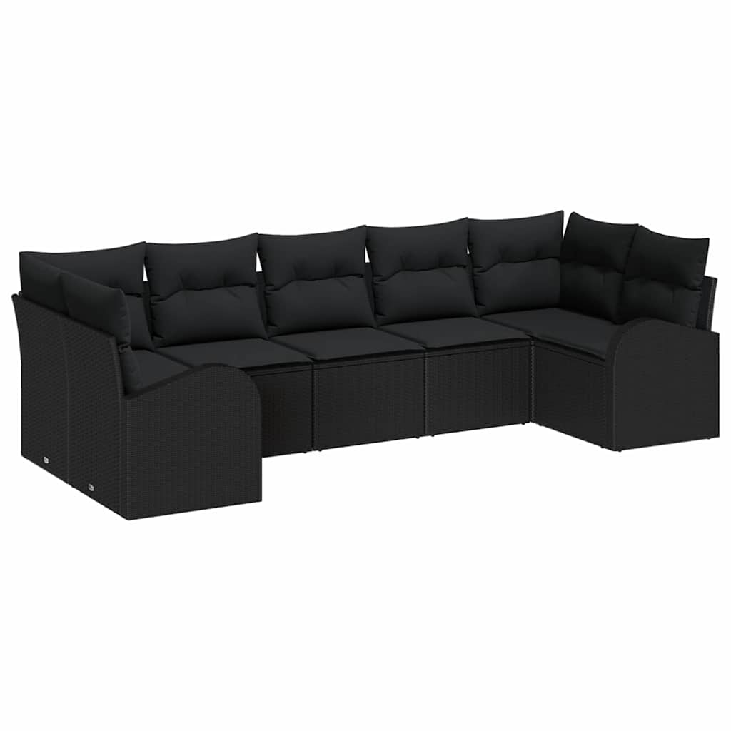 7-piece garden sofa set with cushions black poly rattan