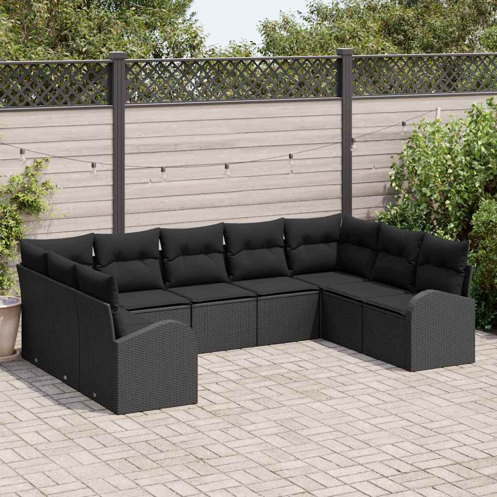 9-piece garden sofa set with cushions black poly rattan