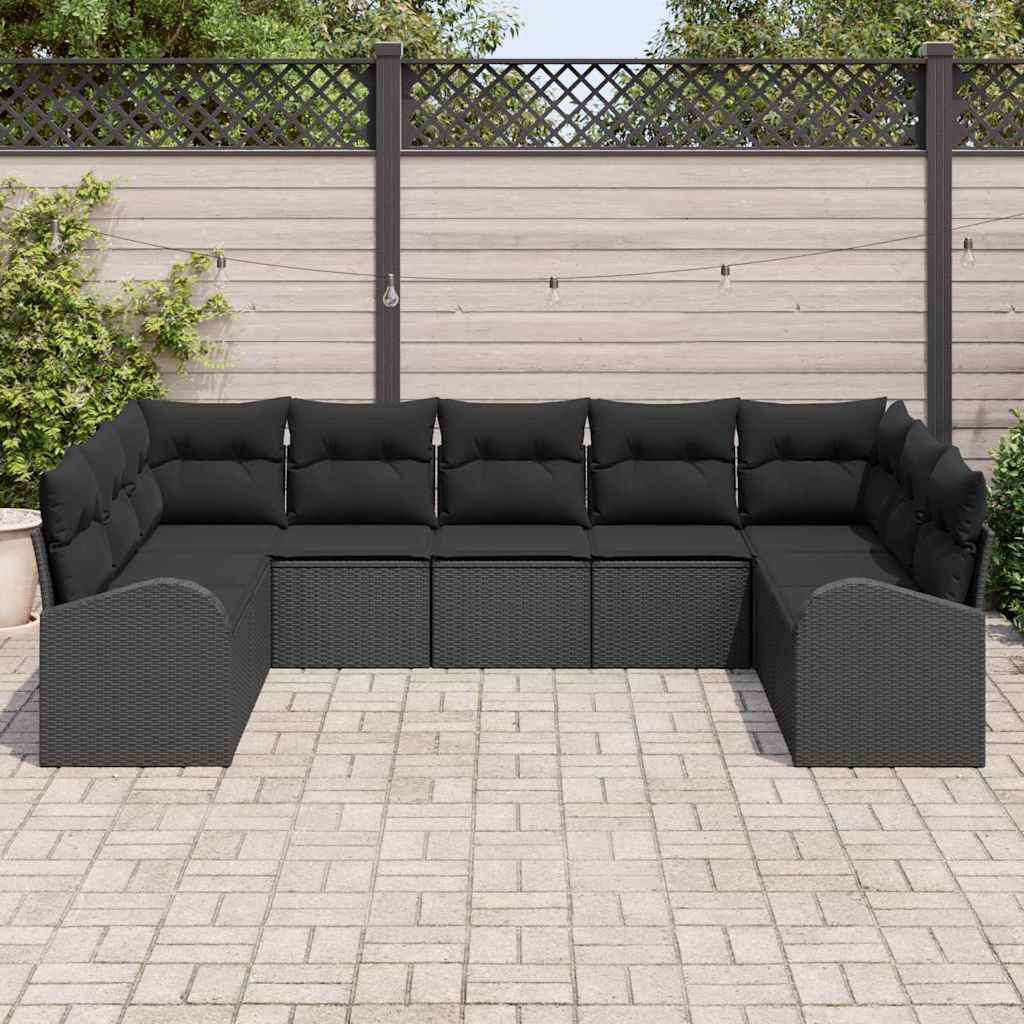 9-piece garden sofa set with cushions black poly rattan