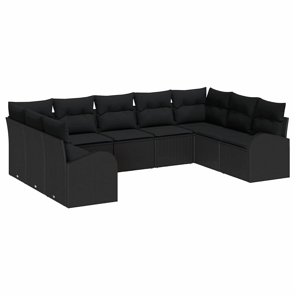 9-piece garden sofa set with cushions black poly rattan