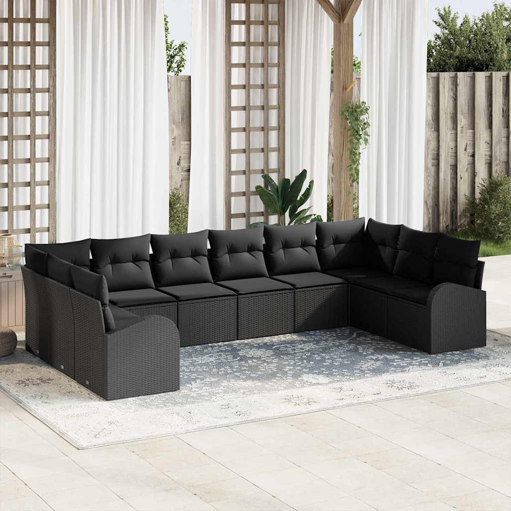 10-piece garden sofa set with cushions, black poly rattan