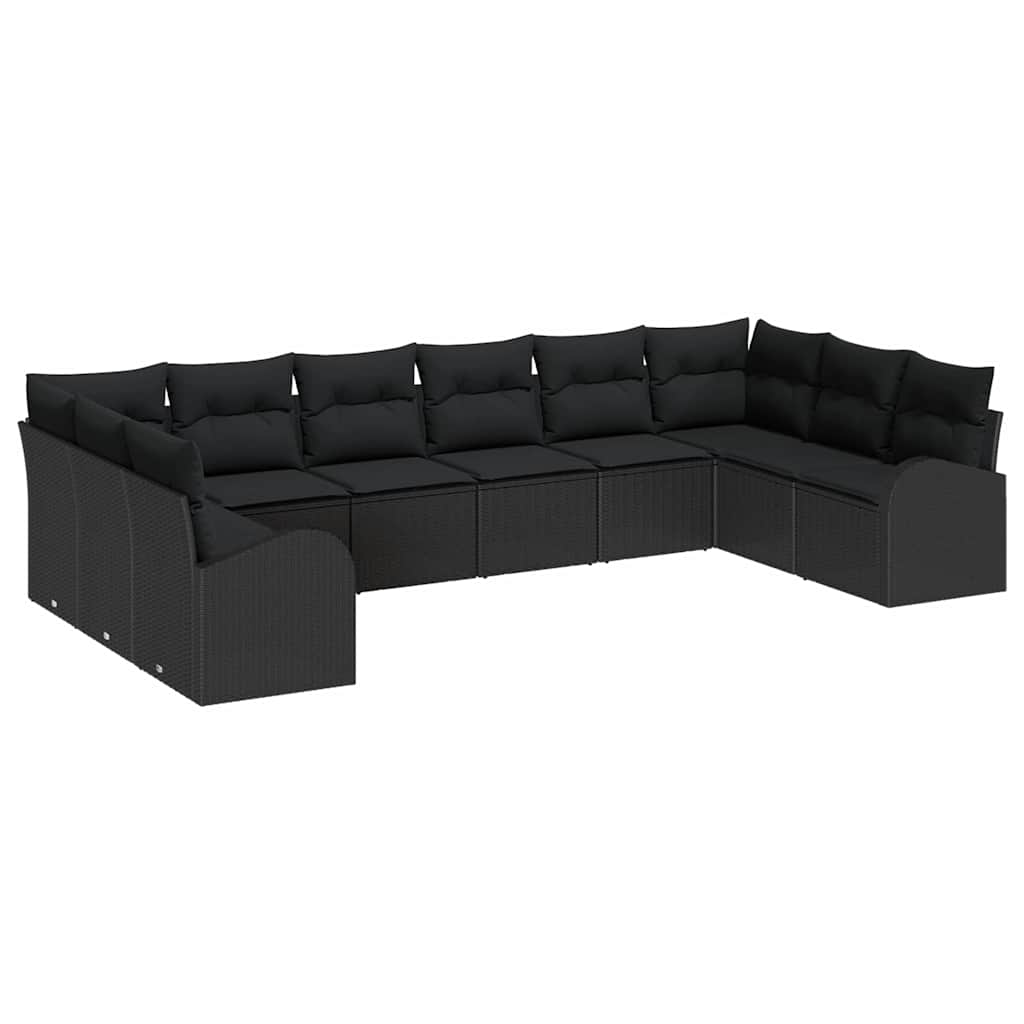 10-piece garden sofa set with cushions, black poly rattan
