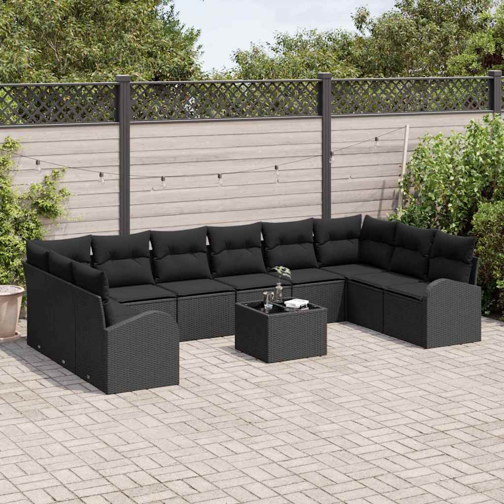 11-piece garden sofa set with cushions in beige poly rattan