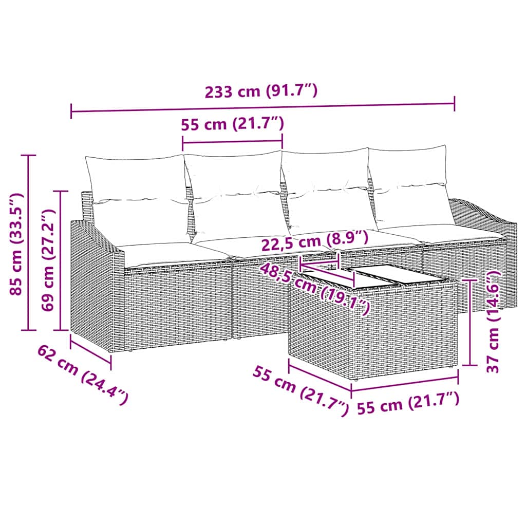 Garten-Sofa-Set mit Kissen 5 pcs Grau 55 x 55 x 37 cm