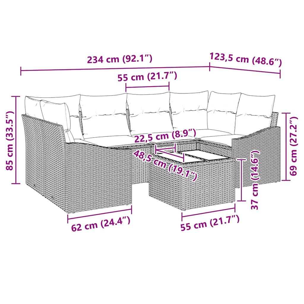 Garten-Sofa-Set mit Kissen 7 pcs Grau 55 x 55 x 37 cm