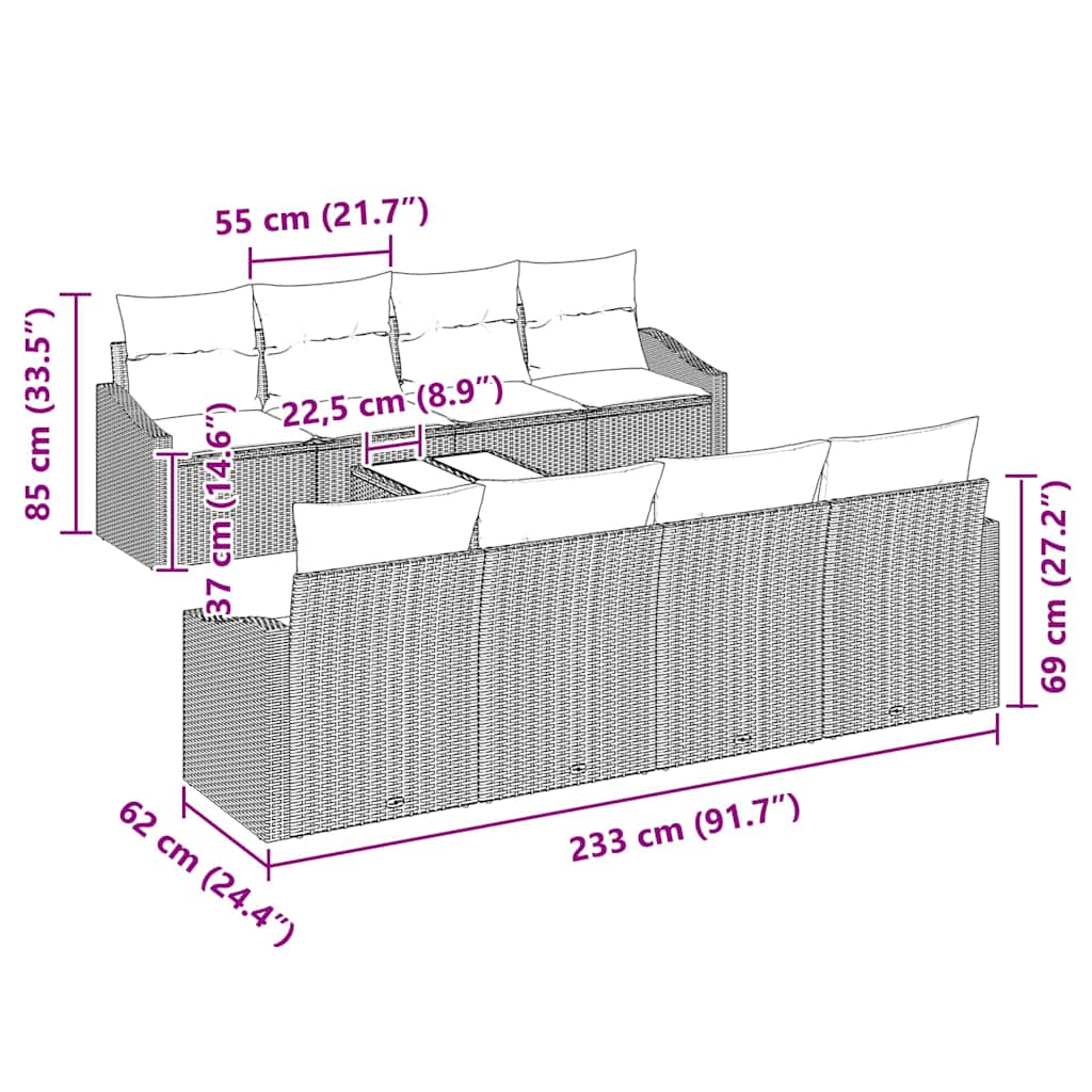 Garten-Sofa-Set mit Kissen 9 pcs Grau 55 x 55 x 37 cm