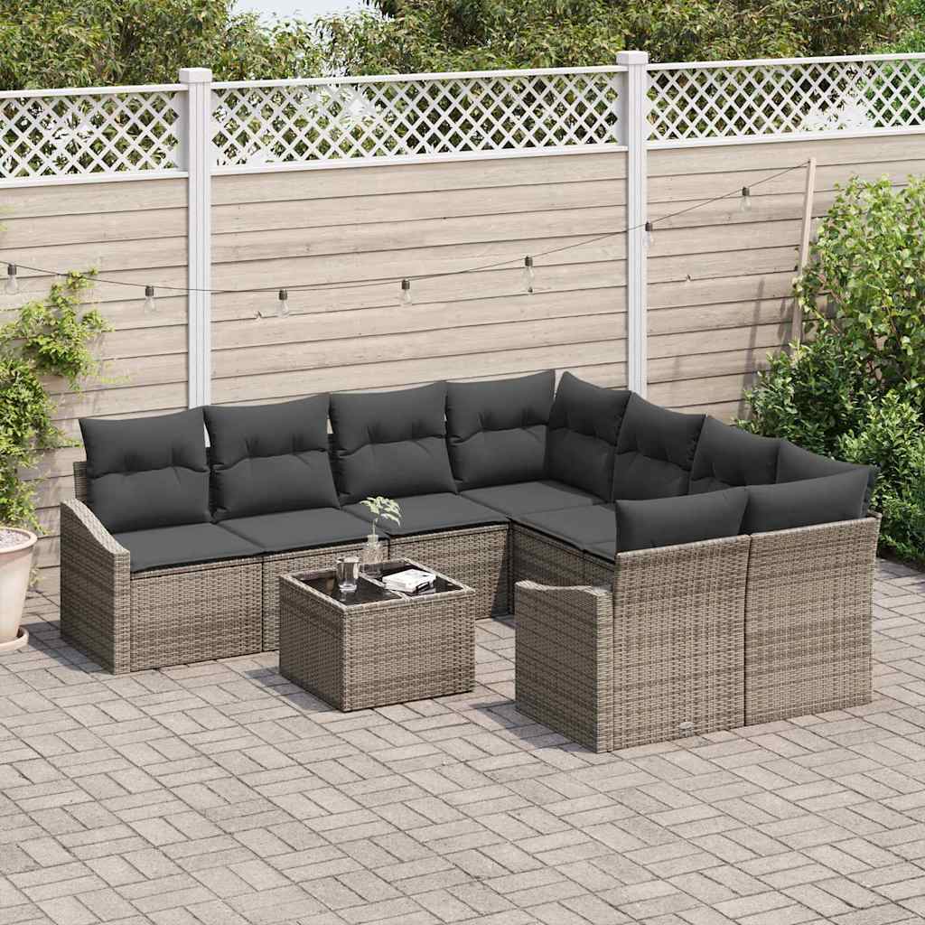 9-piece garden sofa set with grey cushions made of poly rattan