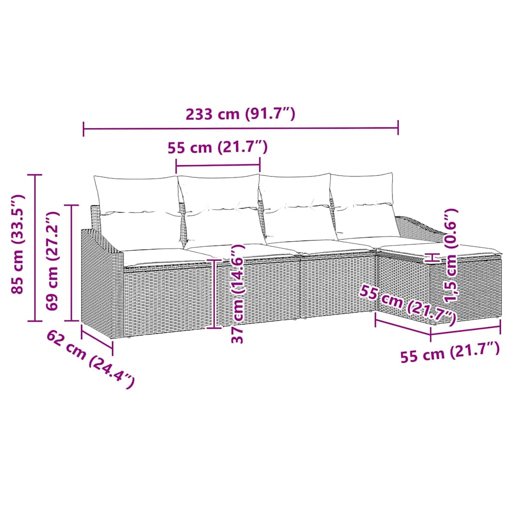 5-piece garden sofa set with cushions grey poly rattan