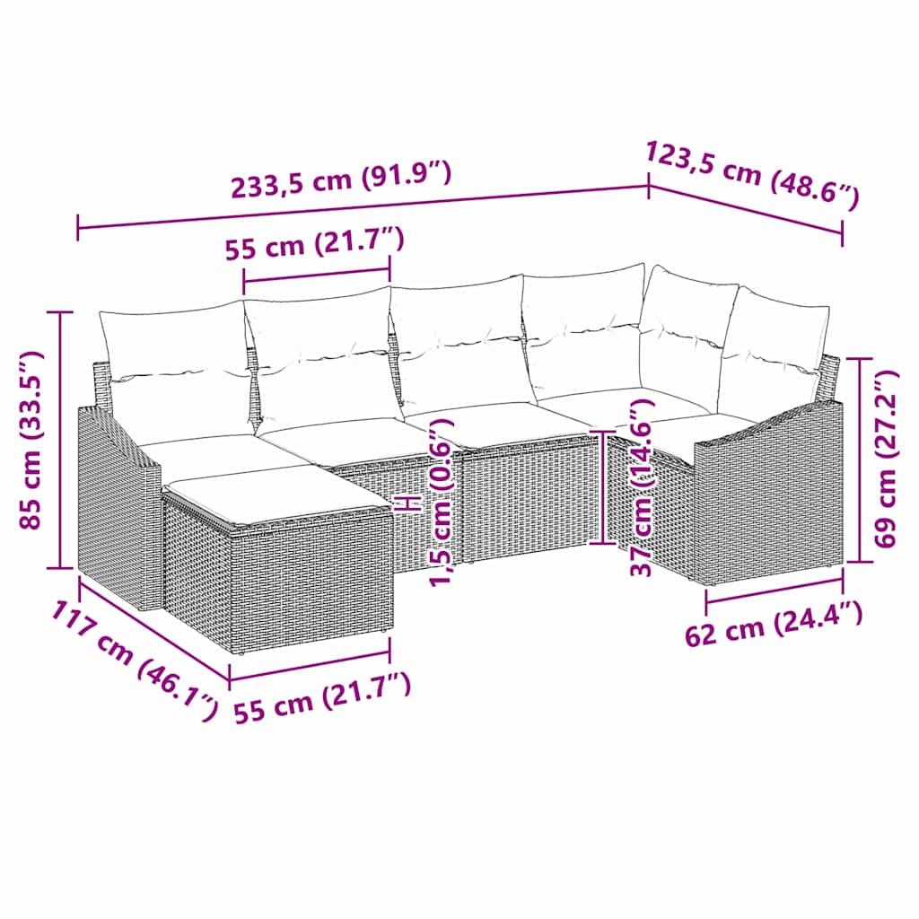 Garten-Sofa-Set 6 pcs Grau Poly Rattan