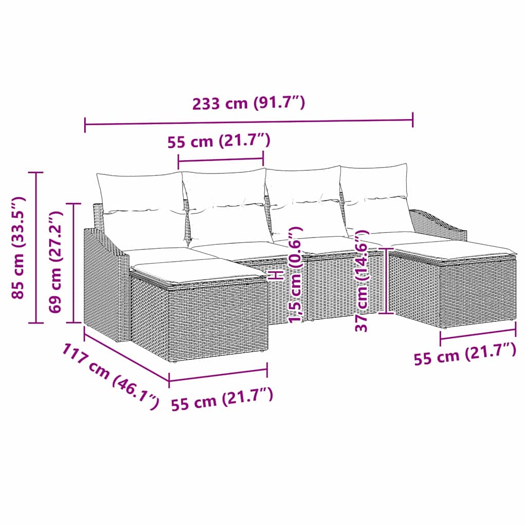 6-piece garden sofa set with cushions grey poly rattan