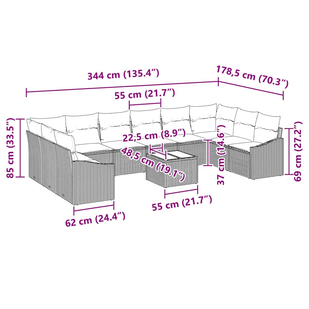 Garten-Sofa-Set 11 pcs Grau Poly Rattan