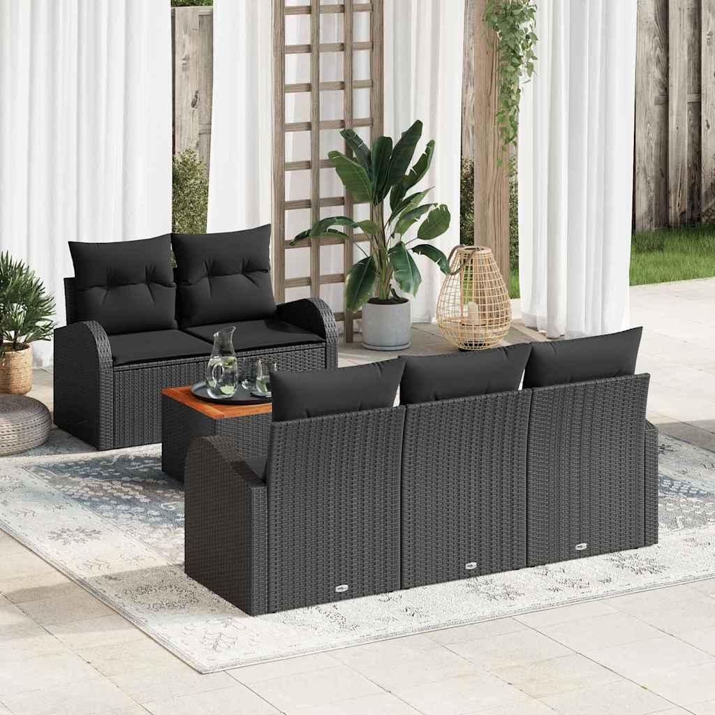 6-piece garden sofa set with cushions black poly rattan acacia