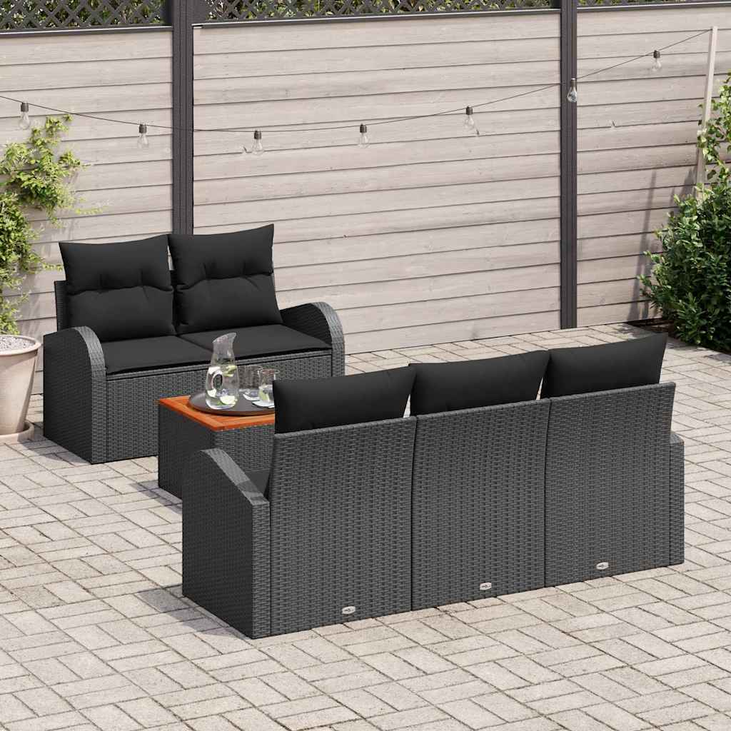 6-piece garden sofa set with cushions black poly rattan acacia