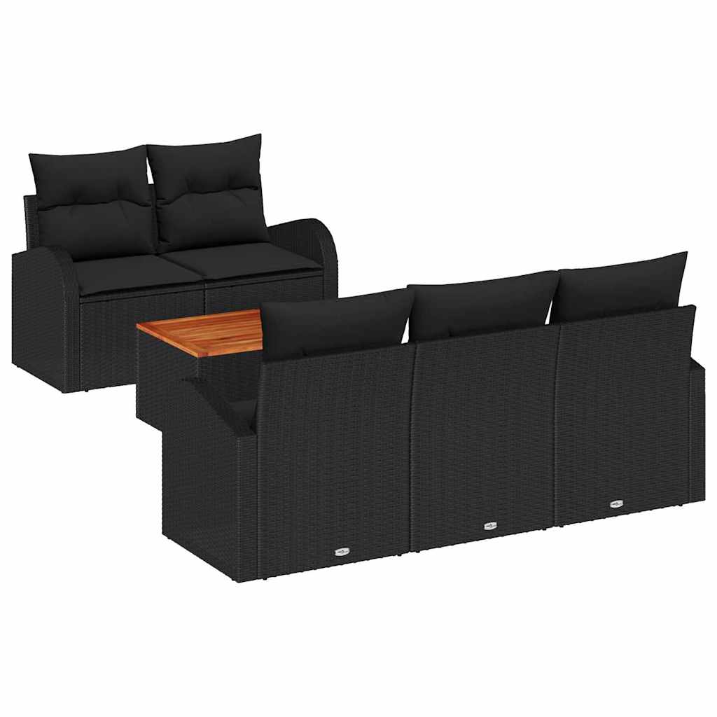 6-piece garden sofa set with cushions black poly rattan acacia