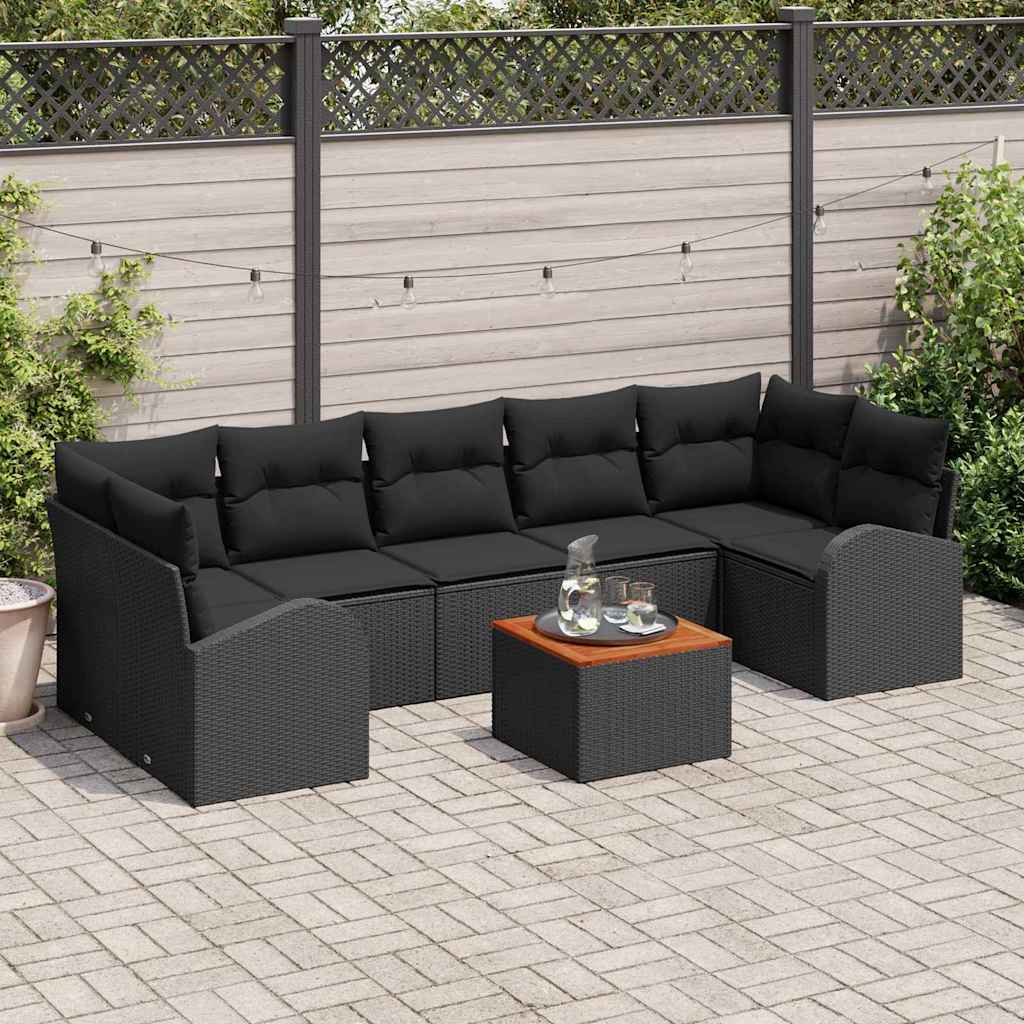 8-piece garden sofa set with cushions black poly rattan acacia