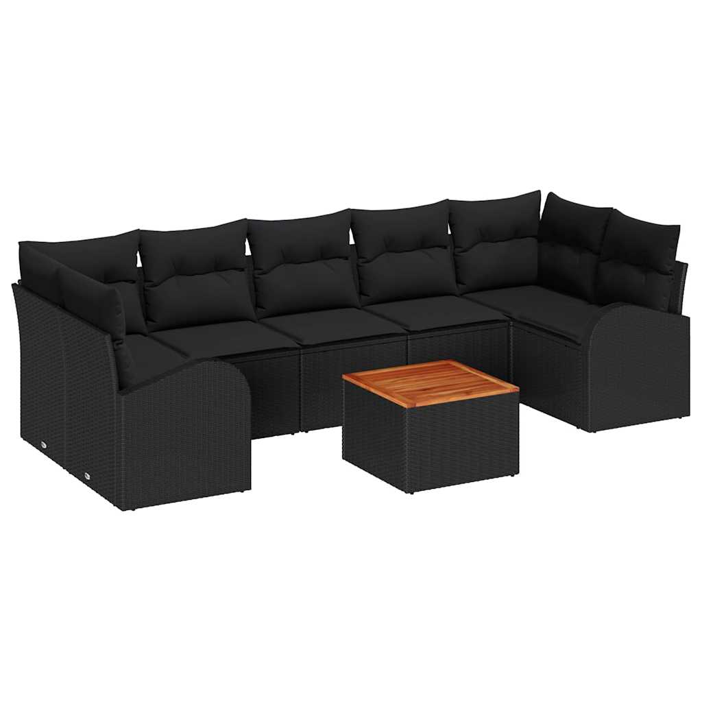 8-piece garden sofa set with cushions black poly rattan acacia