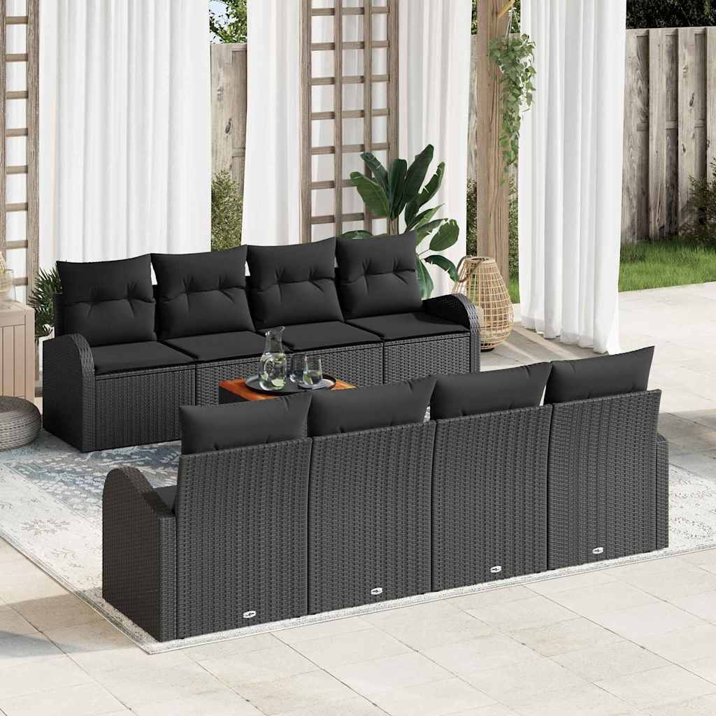 9-piece garden sofa set with cushions black poly rattan acacia
