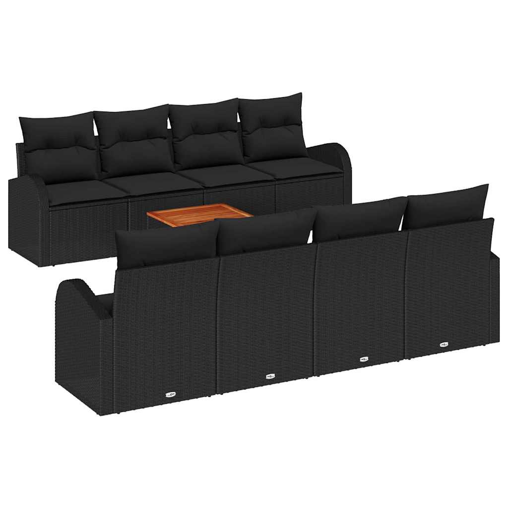 9-piece garden sofa set with cushions black poly rattan acacia