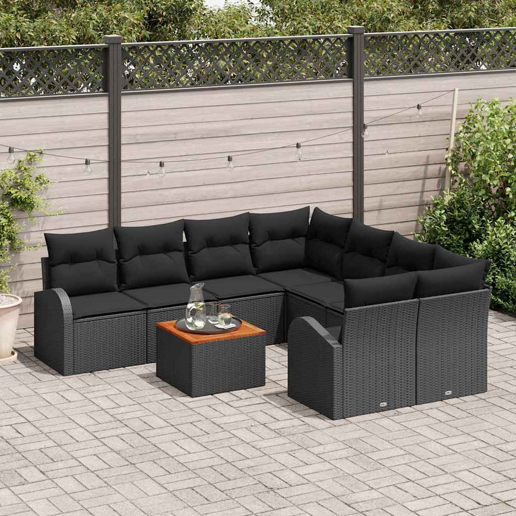 9-piece garden sofa set with cushions black polyrattan acacia