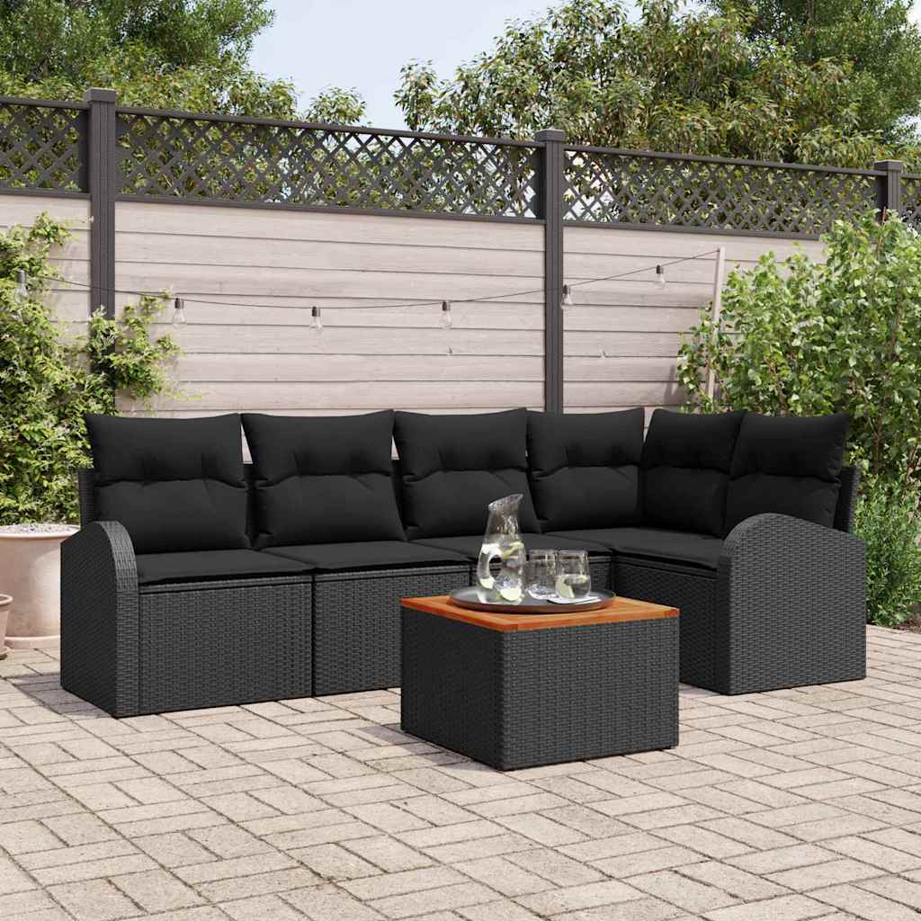 6-piece garden sofa set with cushions black poly rattan acacia