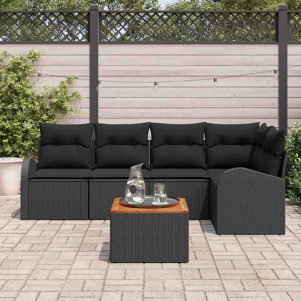 6-piece garden sofa set with cushions black poly rattan acacia