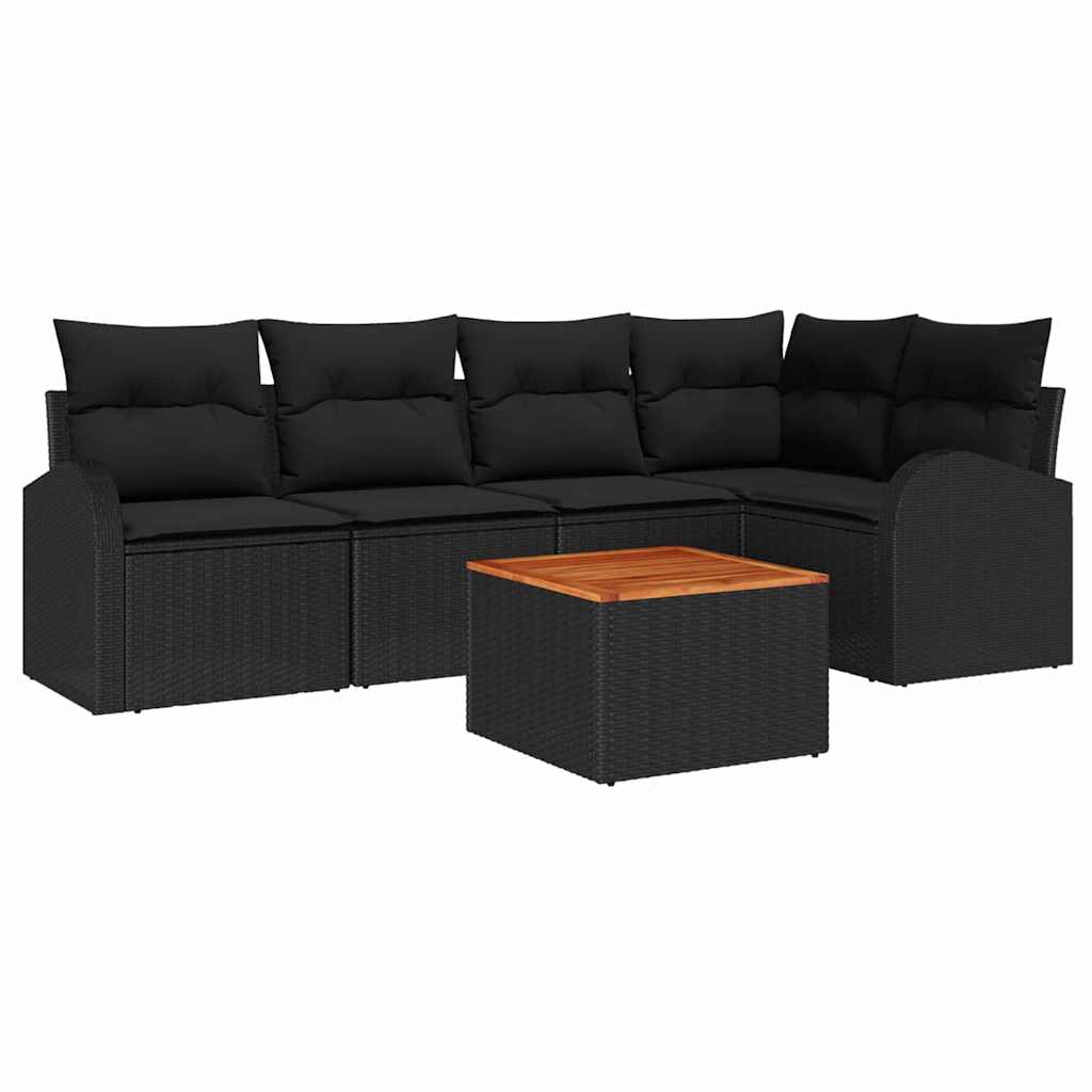 6-piece garden sofa set with cushions black poly rattan acacia
